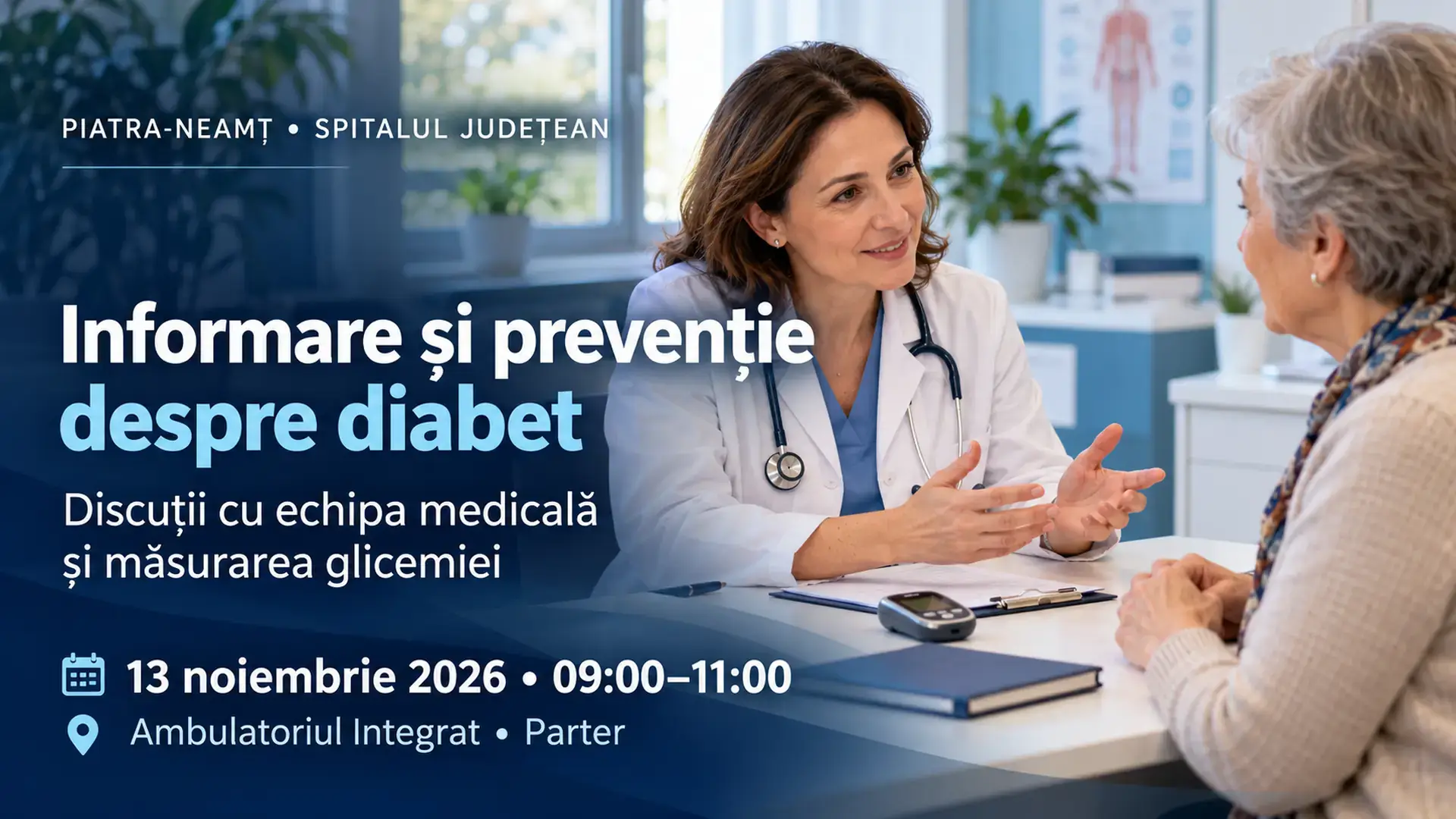 Imagine ilustrativă cu o discuție între medic și pacientă, pentru acțiunea despre diabet din 13 noiembrie 2026 de la Spitalul Județean Piatra-Neamț.