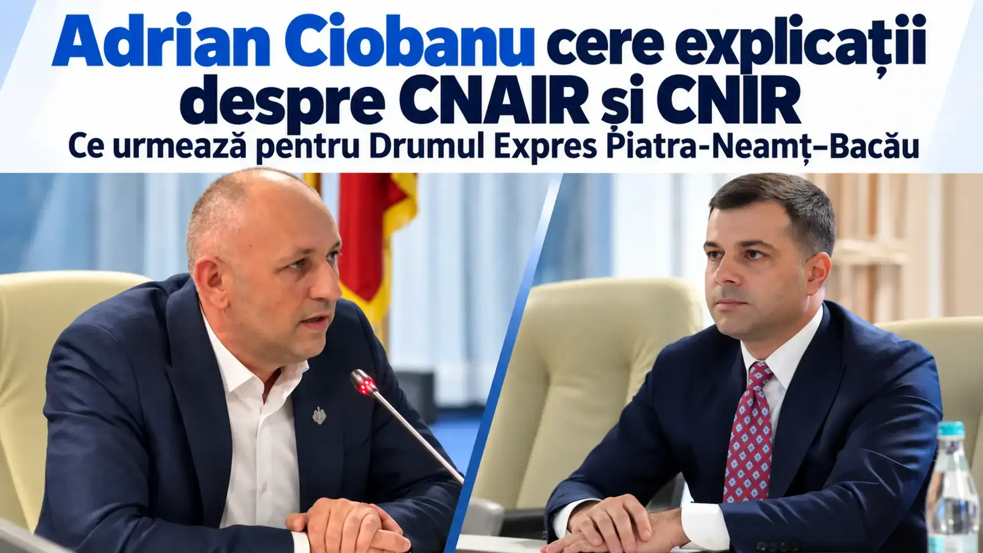 Colaj din două fotografii de la audiere, cu Adrian Ciobanu vorbind la microfon și un participant la ședință, pentru articolul despre Drumul Expres Piatra-Neamț–Bacău