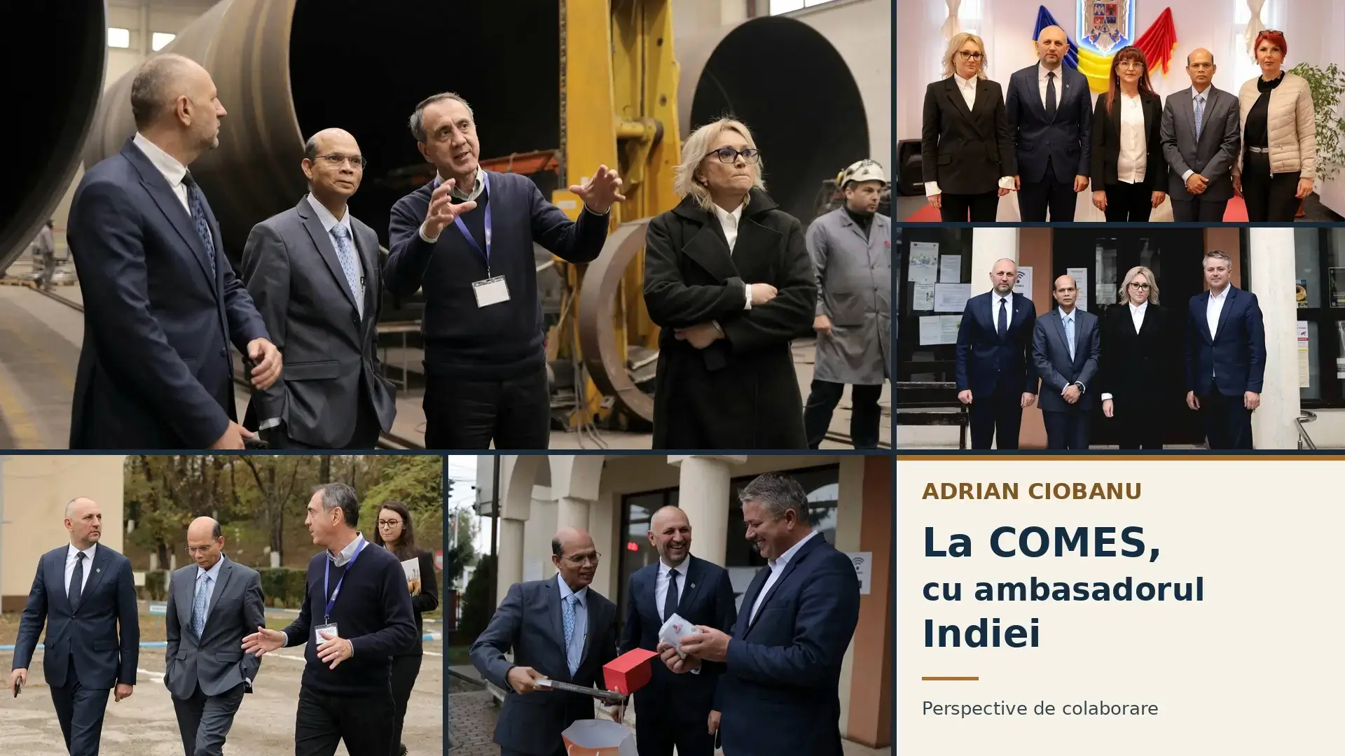 Colaj cu fotografii din vizita ambasadorului Indiei în Neamț, la întâlnirile cu Adrian Ciobanu, reprezentanții administrațiilor locale și compania COMES.